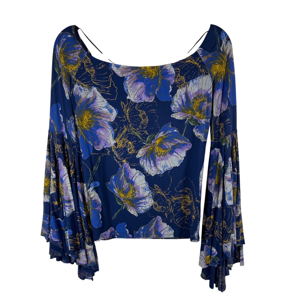 We The‎ Free Free People Floral Bell Sleeve Top Navy Blue Purple Small Boho